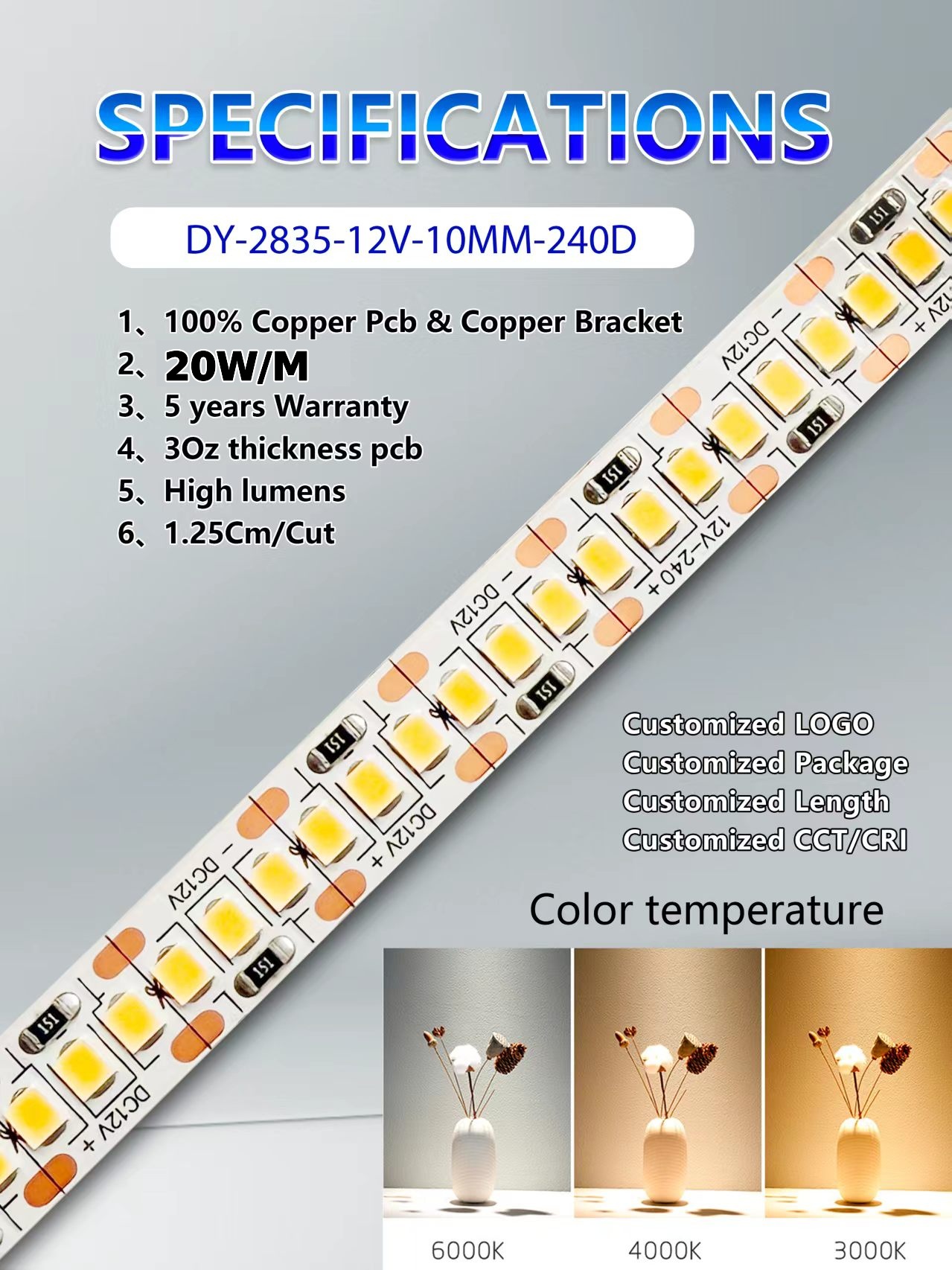 DY LIGHTS Project Quality 240 LEDs per metre strip specifications